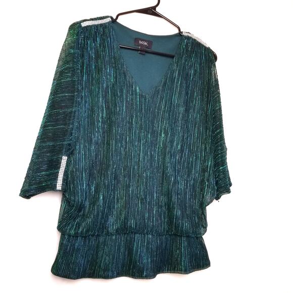 MSK Women's Blue Green Metallic V-Neck Balloon Waist Split Sleeve  Lined Sie L - Picture 1 of 12